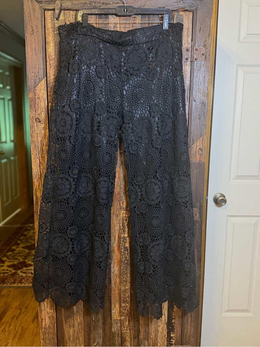 Adorn Black Crochet Lace Wide Leg Pants lined 2x Boho Festival Resort western